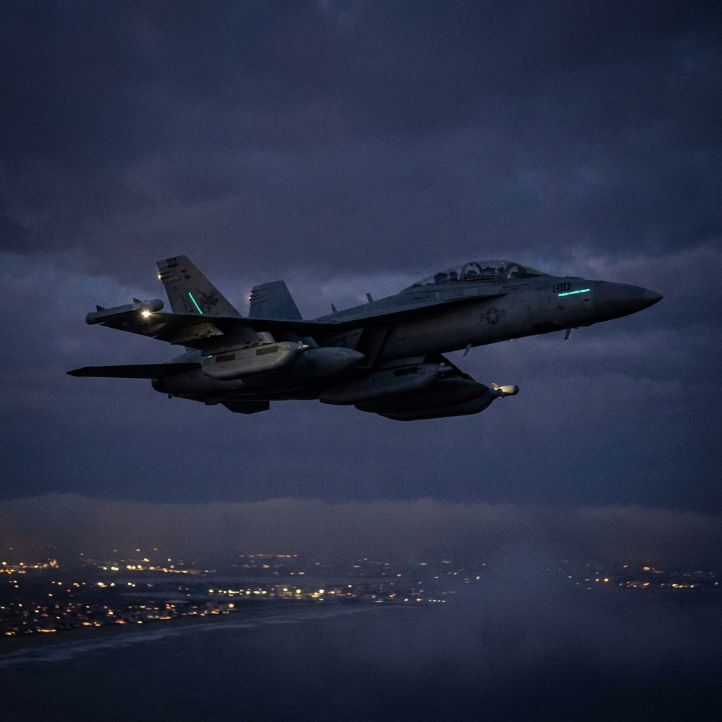 EA-18G Growler de la US Navy ejecutando misión de guerra electrónica durante operación nocturna