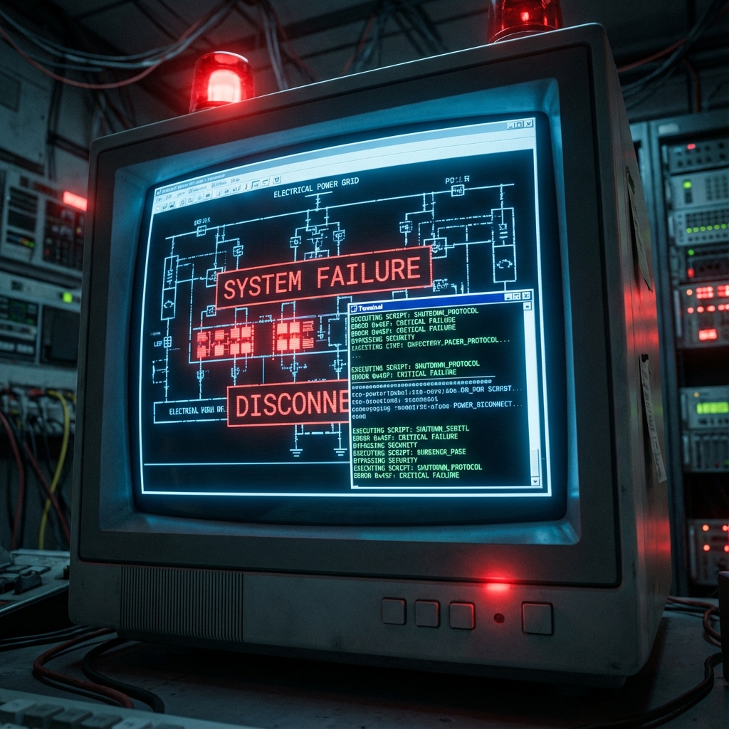 Interfaz HMI mostrando fallo de sistema en red eléctrica con alertas en rojo